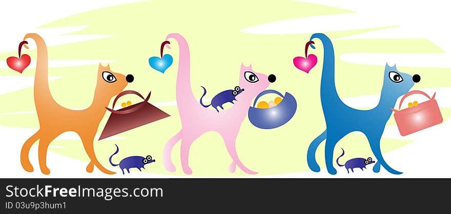 Illustration with three cute coloured cats bringing hearts at their tails and shopping bags in their mouthes. Illustration with three cute coloured cats bringing hearts at their tails and shopping bags in their mouthes