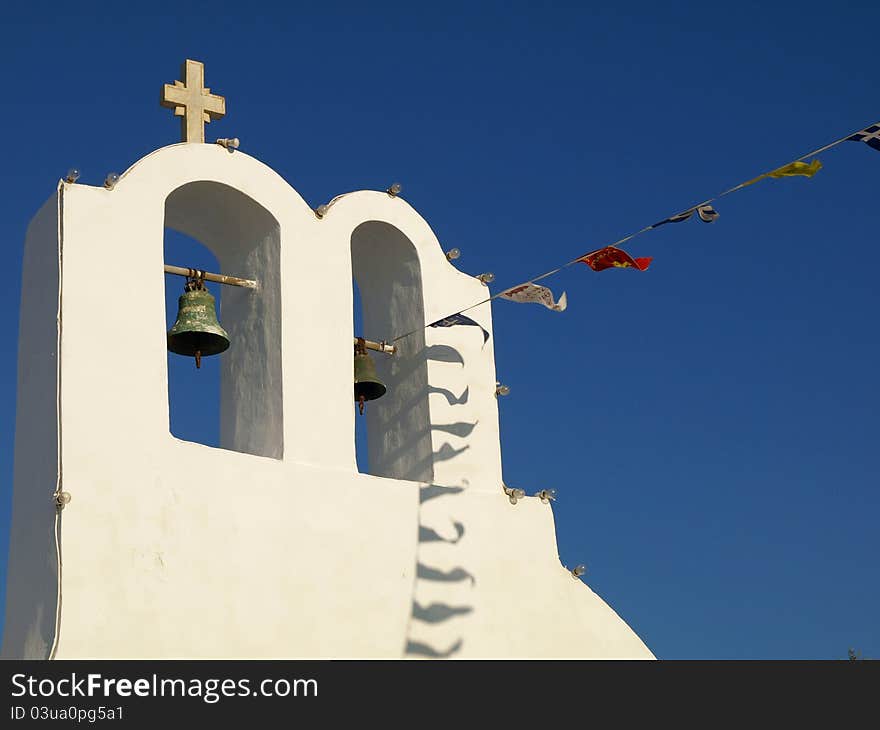 Bell Tower, Cross And Flags In Greece