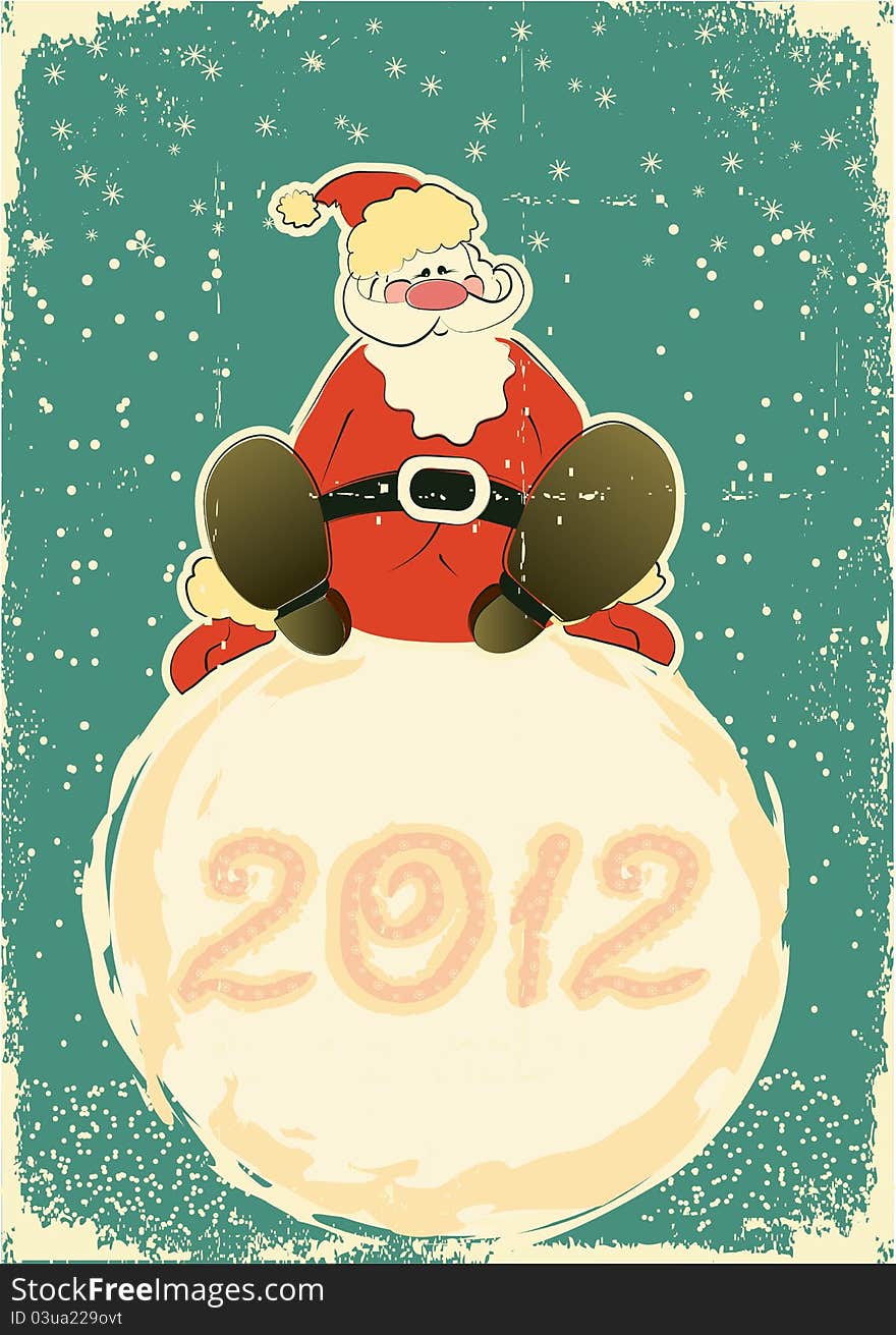 Santa Claus on snowball.Retro card for celebrate on old paper texture