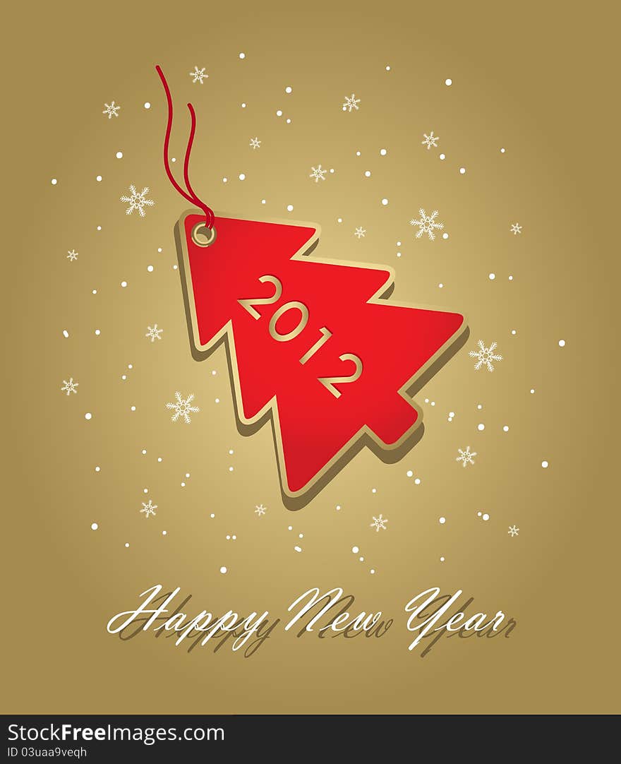 New year 2012 card with red christmas tree label on gold, elements are in separate layers and grouped, easy to edit. New year 2012 card with red christmas tree label on gold, elements are in separate layers and grouped, easy to edit