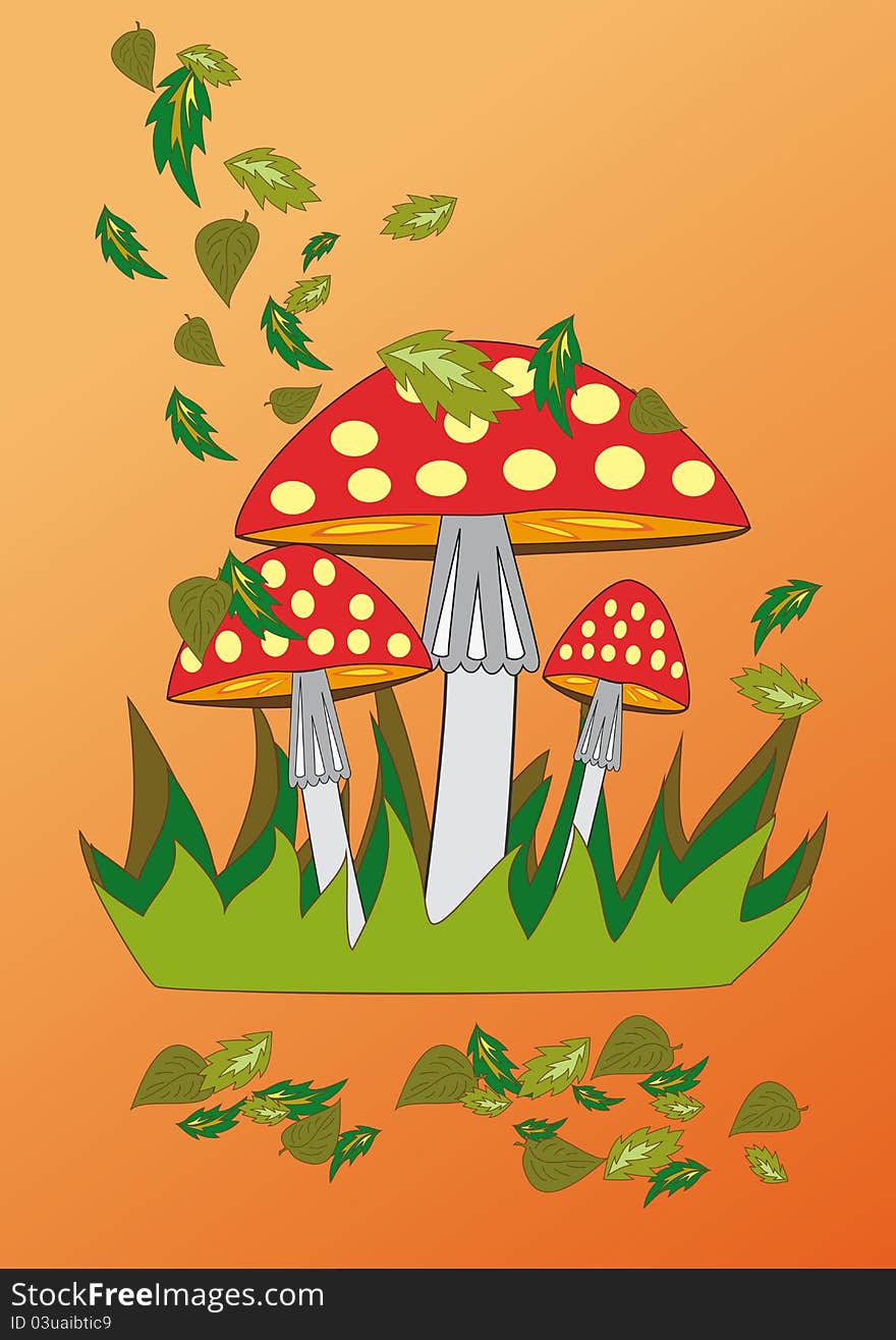 Colourful illustration of three mushrooms of fly agarics and leaves in the autumn on an orange background. Colourful illustration of three mushrooms of fly agarics and leaves in the autumn on an orange background