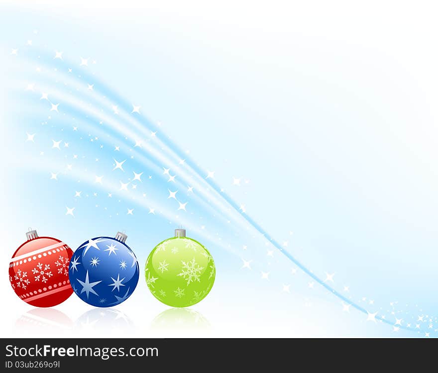 Three christmas baubles on snowy background.