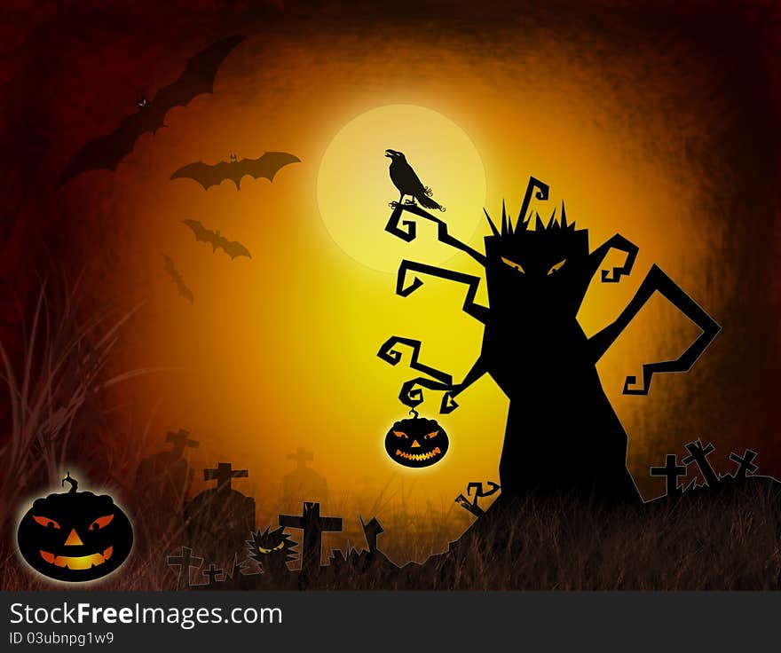 Halloween dark scenery with naked tree, pumpkins, bat ,crow and old graveyard.