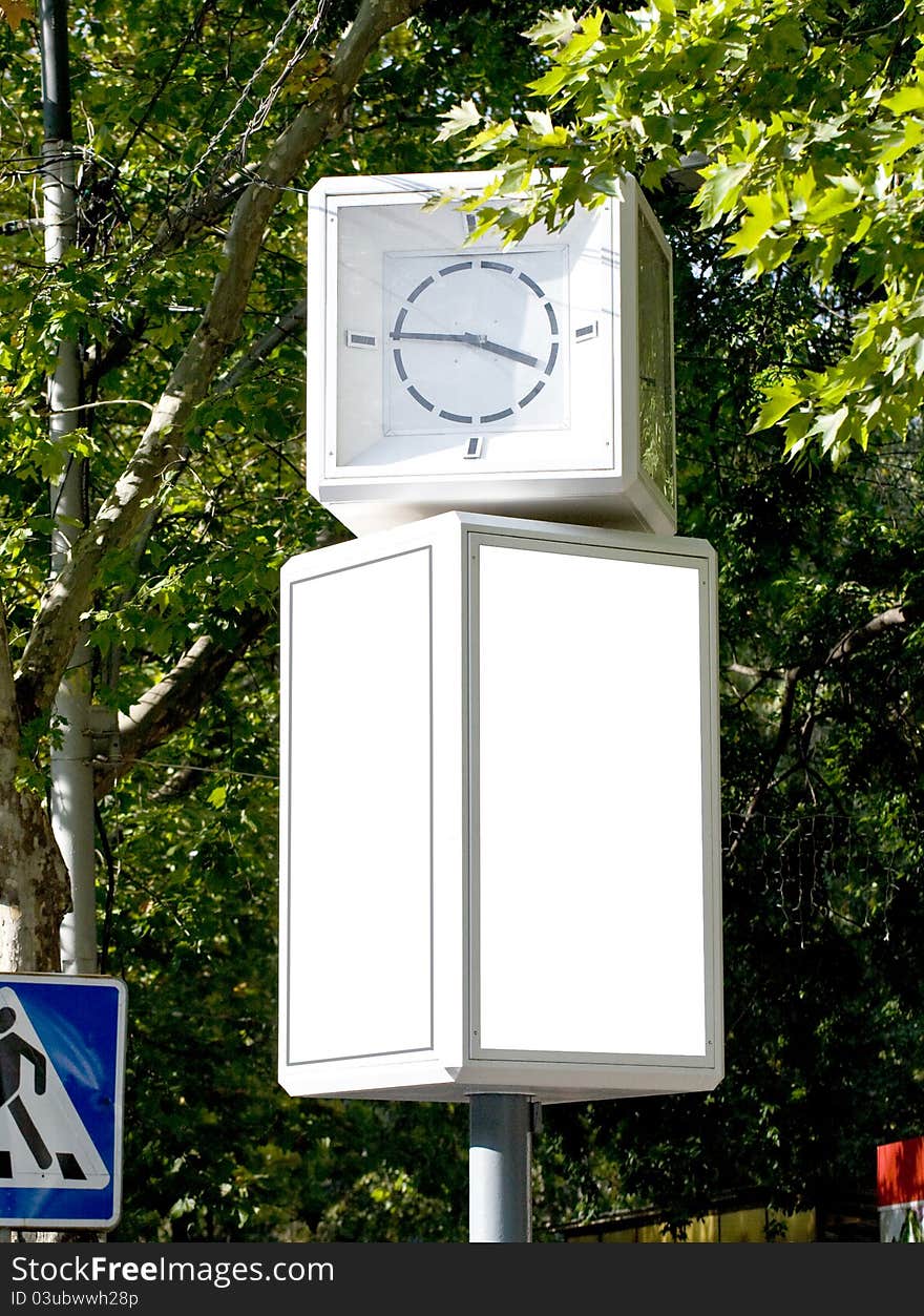 Blank billboard with vertiginous clock. Blank billboard with vertiginous clock