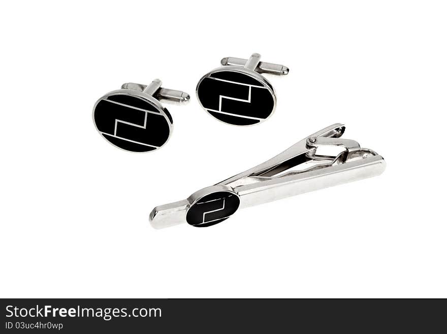 Silver cuff link and tie pin