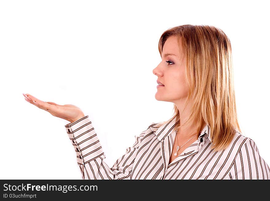 Beautiful woman showing something on the palm of her hand