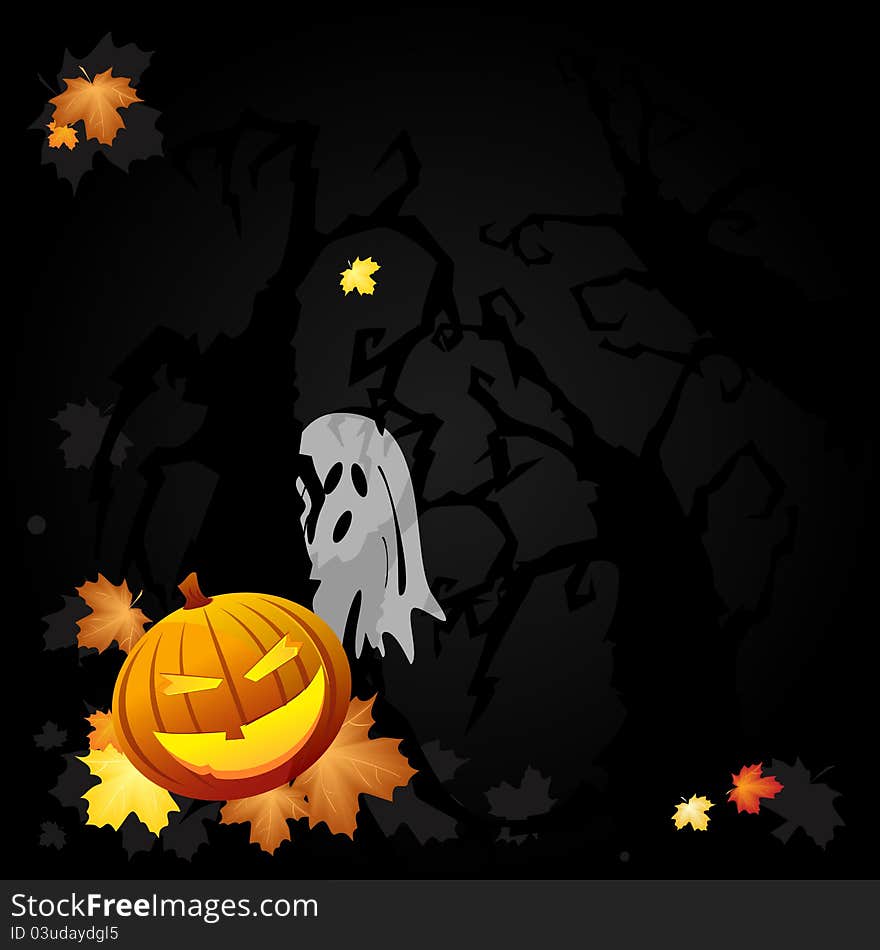 Ghost and pumpkin in the dark forest