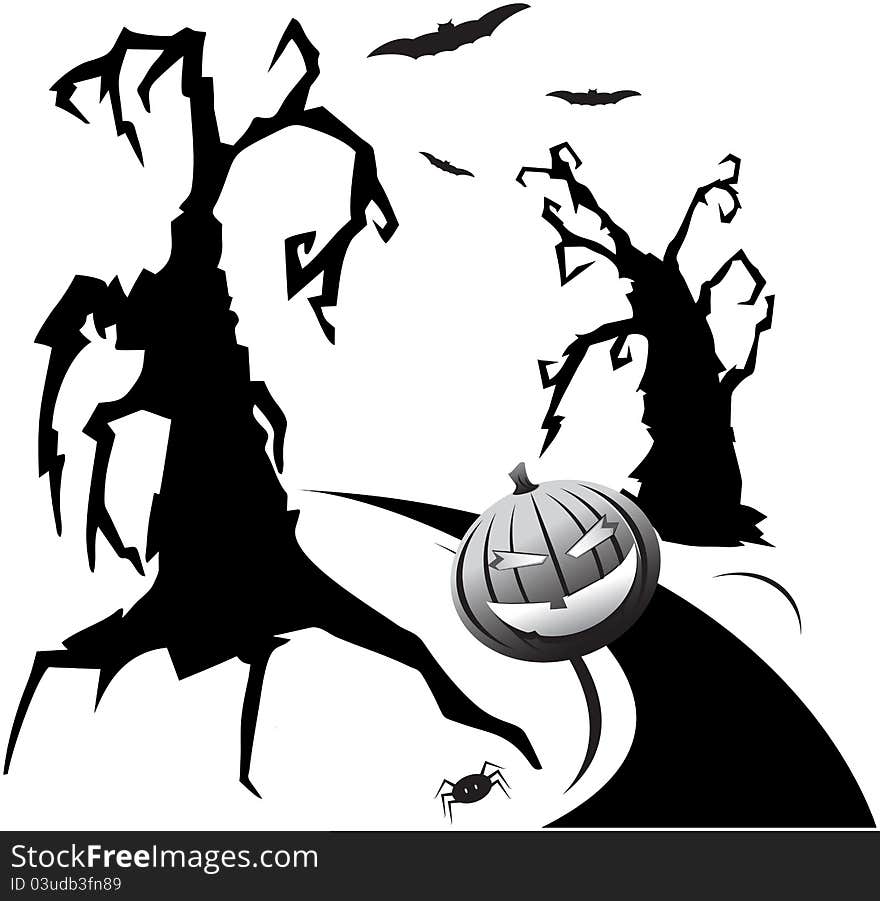 Silhouettes of two trees, hallowen pumpkin and bats