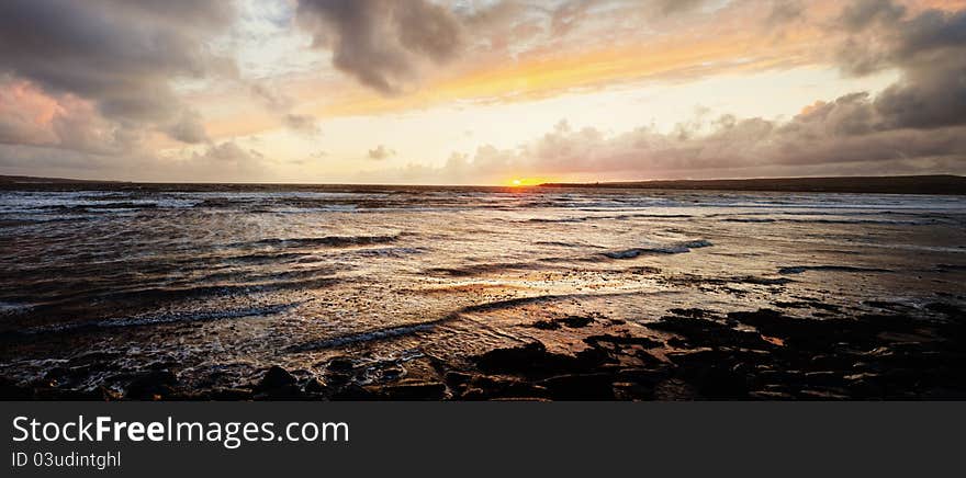 Scenic Atlantic ocean sunset, west of Ireland, panorama. Scenic Atlantic ocean sunset, west of Ireland, panorama