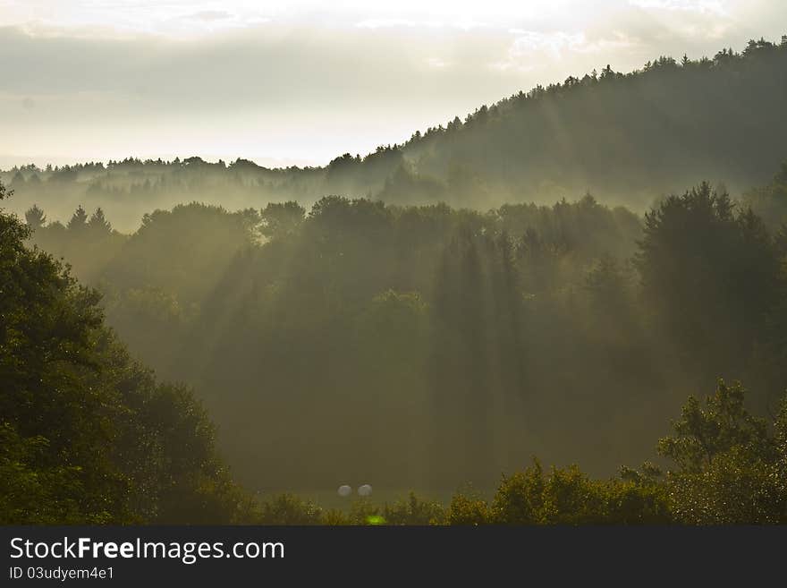 Mist covered hills in Nuremberg Land district (Middle Franconia region, Bavaria), Germany