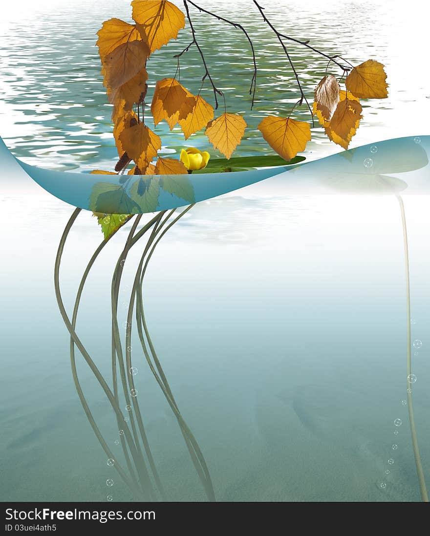 Lake. Background. Illustration on the theme: protecting the environment, underwater and surface world.