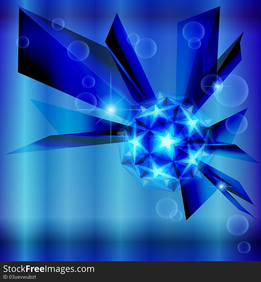 Blue abstract background with shiny polyhedron made of stars. Blue abstract background with shiny polyhedron made of stars