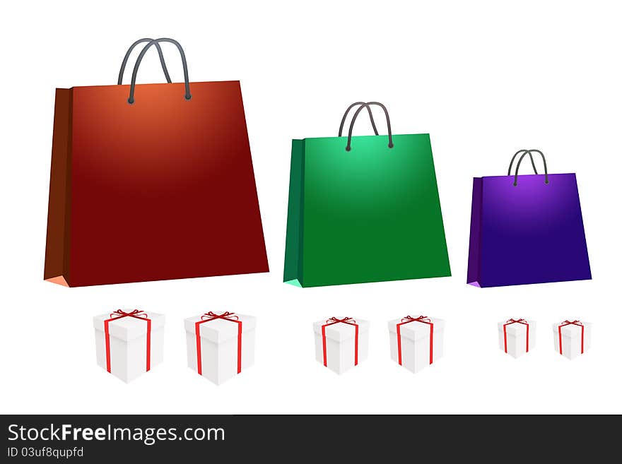 Shopping bag and gift box illustration isolated on white