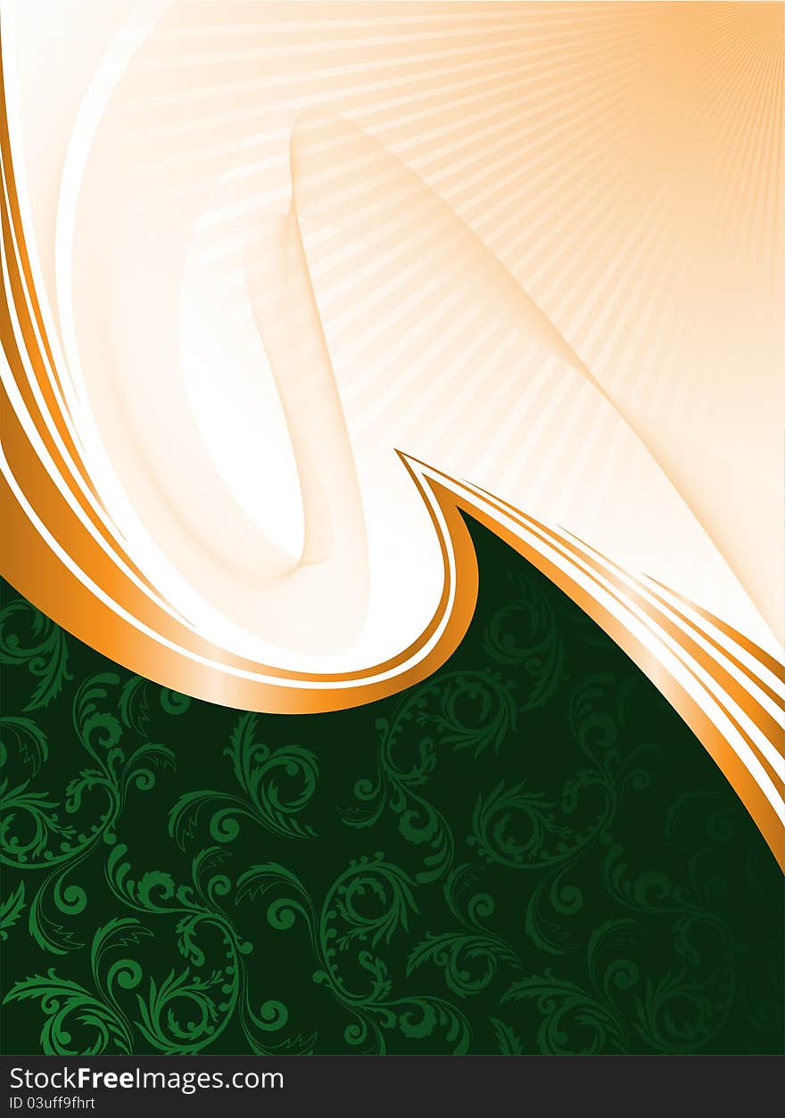 Abstract green background with ornament and orange waves. Abstract green background with ornament and orange waves