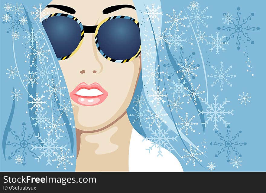 Beautiful winter girl wearing spectacles and snowflakes. Beautiful winter girl wearing spectacles and snowflakes.