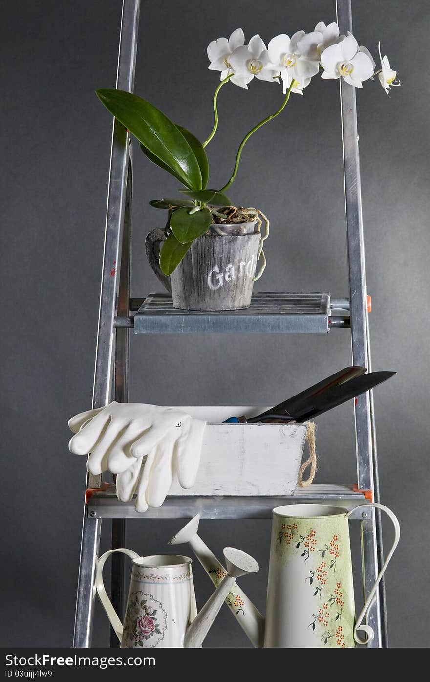 Gardening tools and flowers on a metal stepladder over grey background. Gardening tools and flowers on a metal stepladder over grey background.