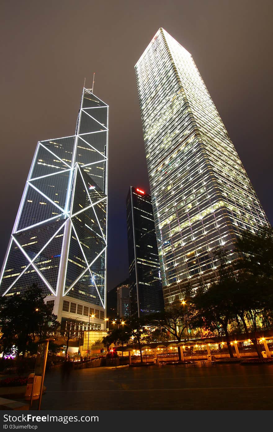 A view of the lights and skyscrapers in downtown Hong Kong at night