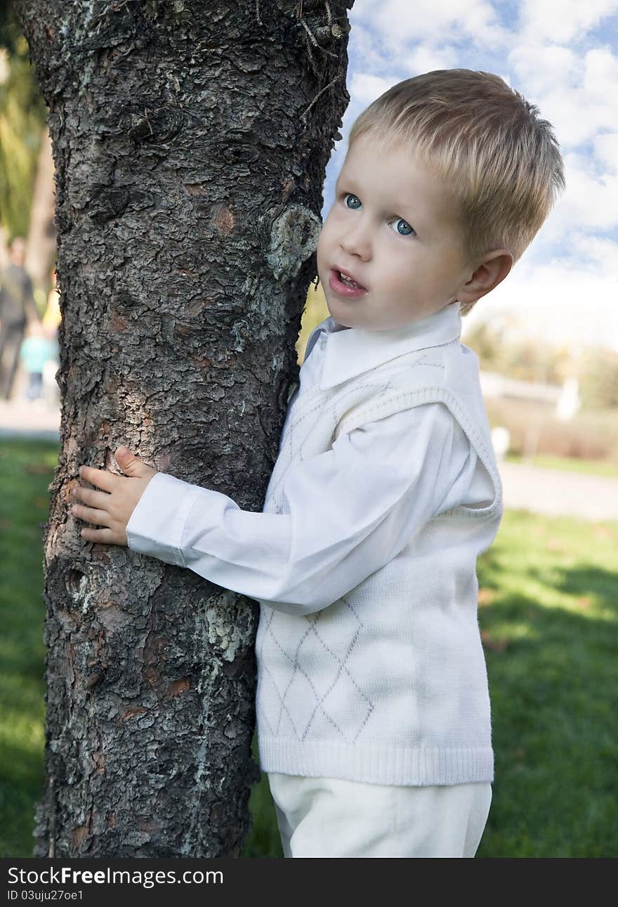 Little boy standing near the tree