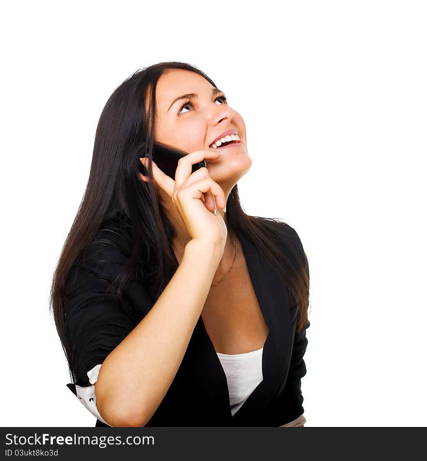 Portrait of cute young business woman with mobile phone. Isolated on white