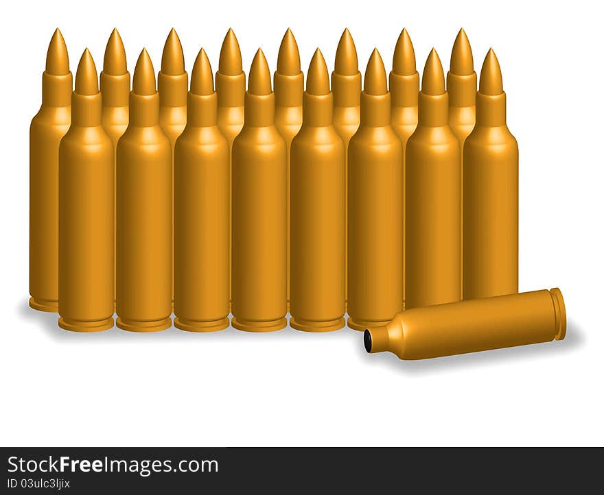 Brass metal bullets. Arranged in a row. Brass metal bullets. Arranged in a row