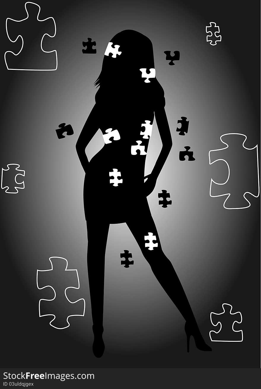 Girl silhouette with pieces of puzzle and black background. Girl silhouette with pieces of puzzle and black background