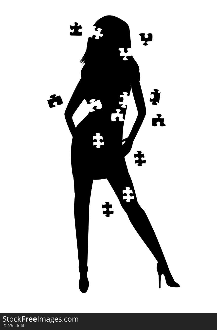 Girl silhouette with pieces of puzzle and white background. Girl silhouette with pieces of puzzle and white background