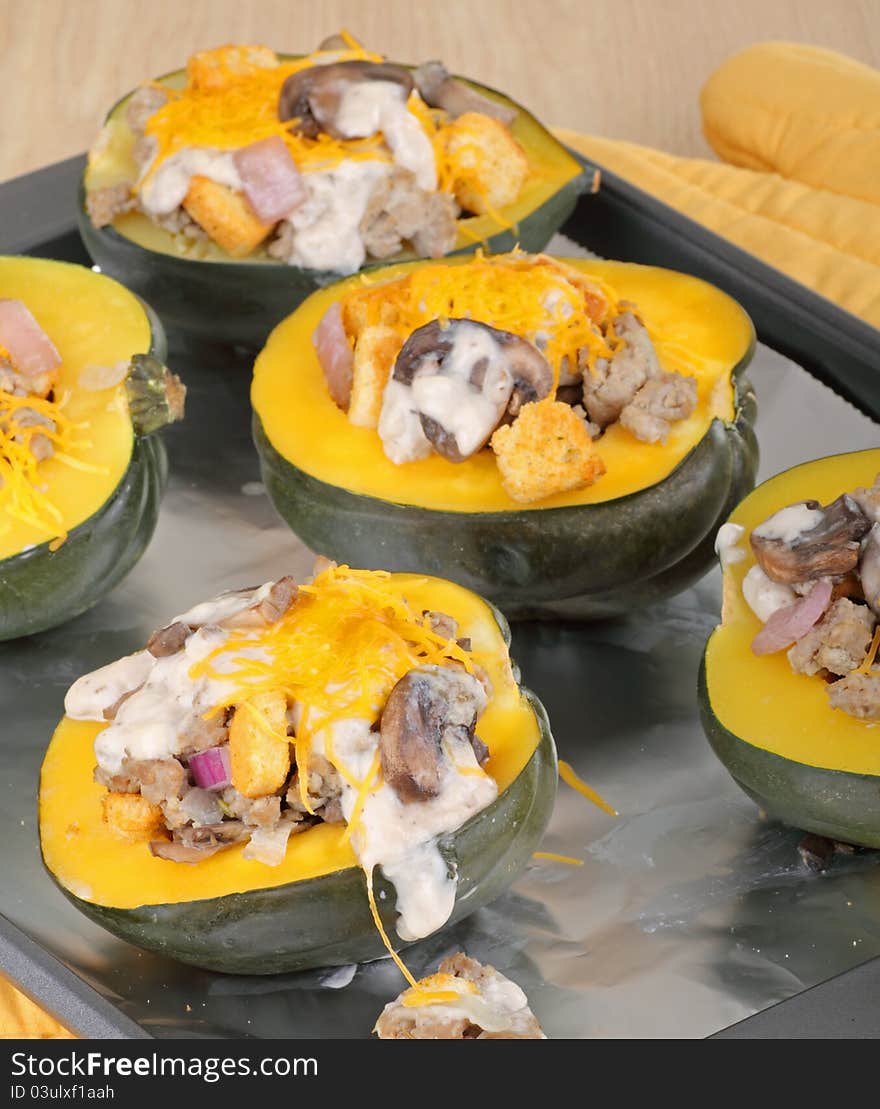 Baked stuffed squash on a baking sheet. Baked stuffed squash on a baking sheet