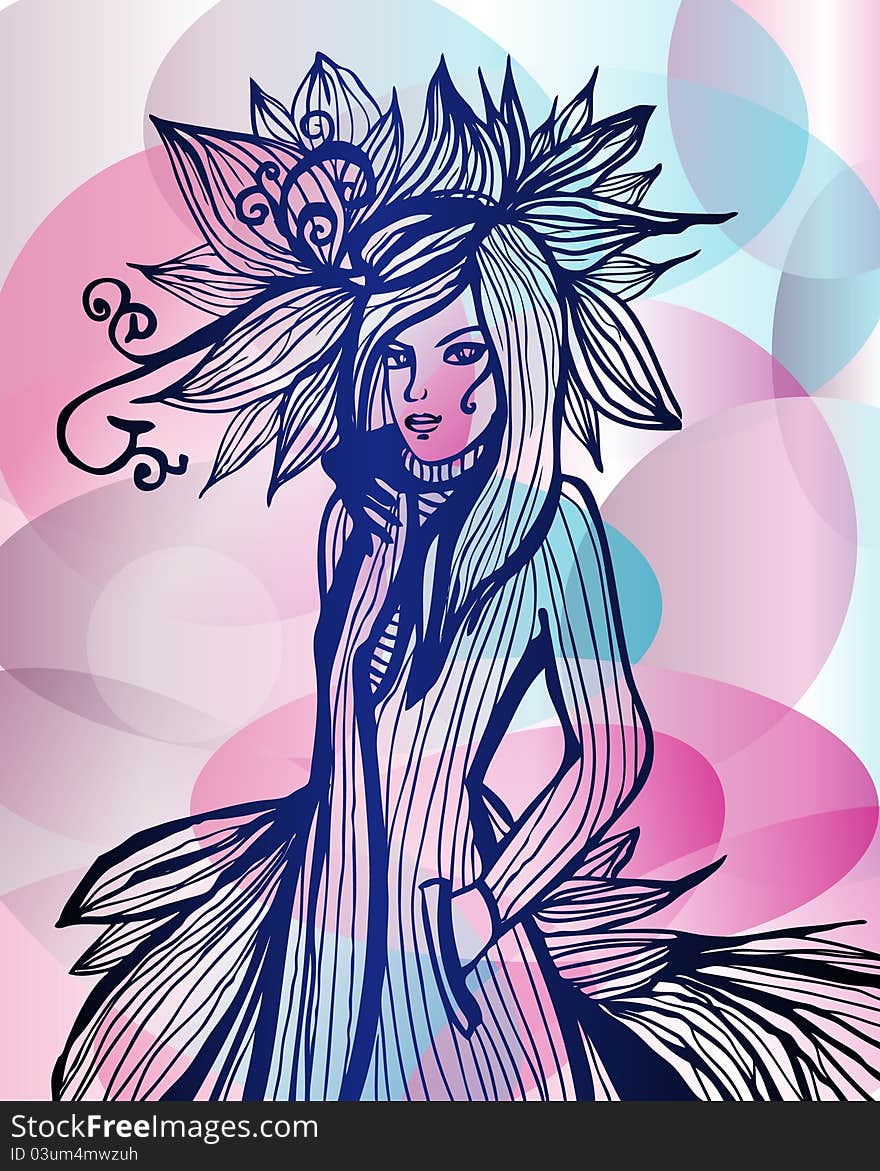 Illustration of beautiful woman in fantasy fashion dress. Illustration of beautiful woman in fantasy fashion dress