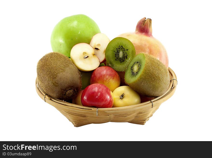 Mix fruit on basket with white background.