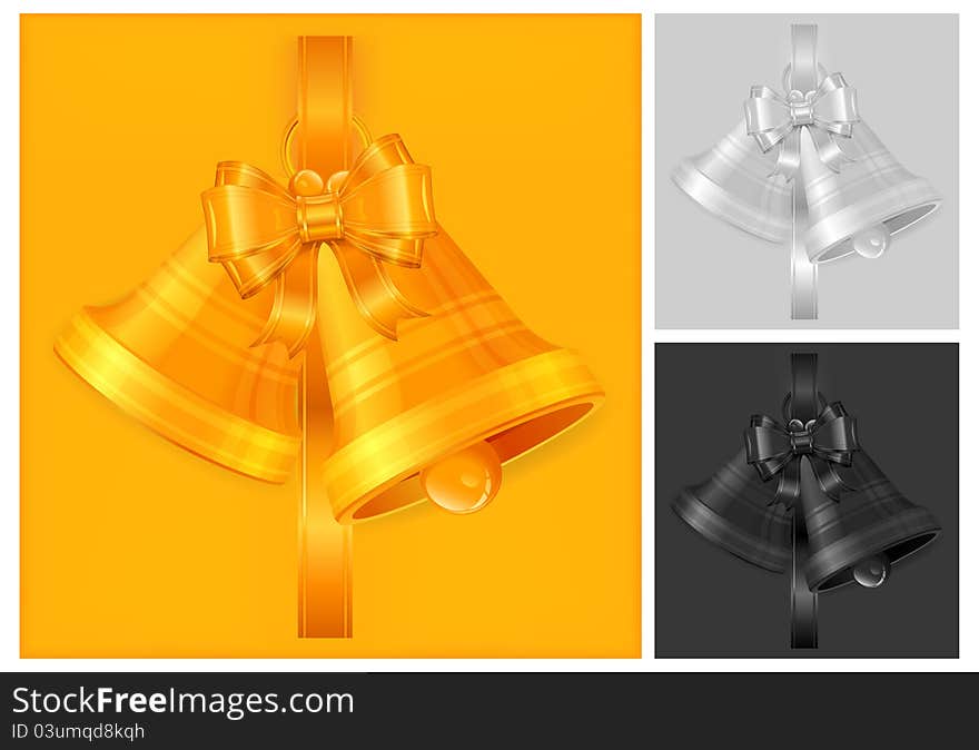 Gold Christmas bells isolated on yellow background, vector illustration. Gold Christmas bells isolated on yellow background, vector illustration