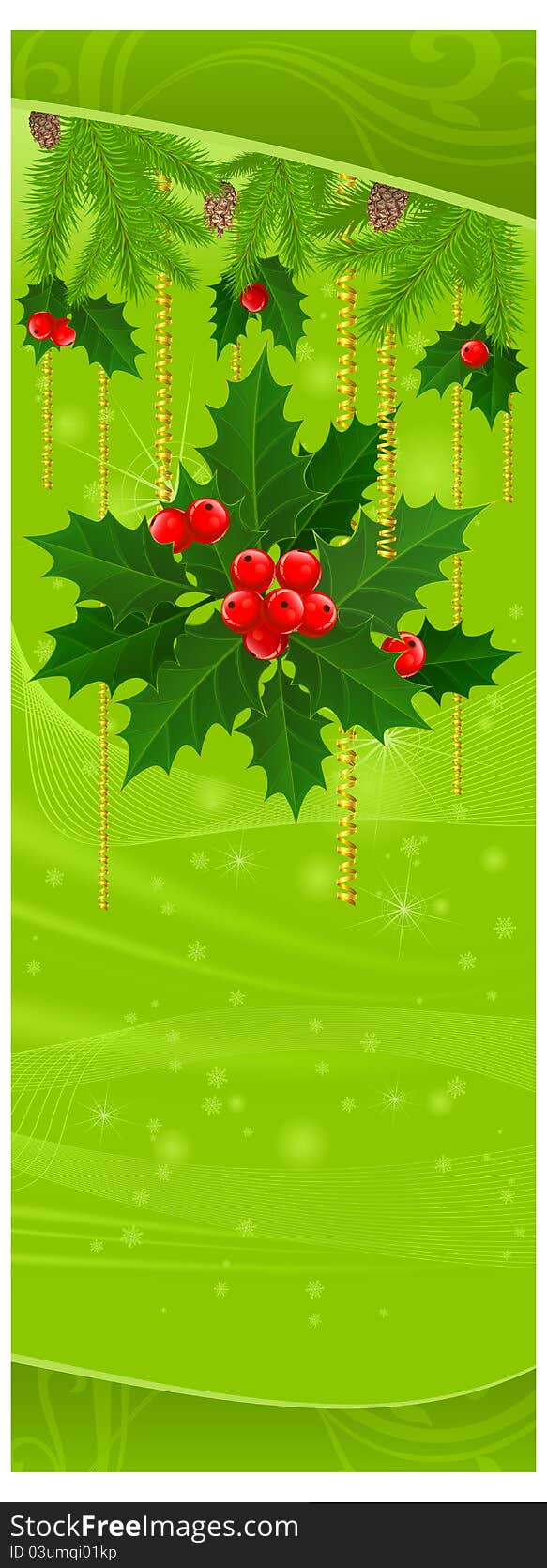 Christmas decoration with fir trees and berries on green, vector illustration. Christmas decoration with fir trees and berries on green, vector illustration