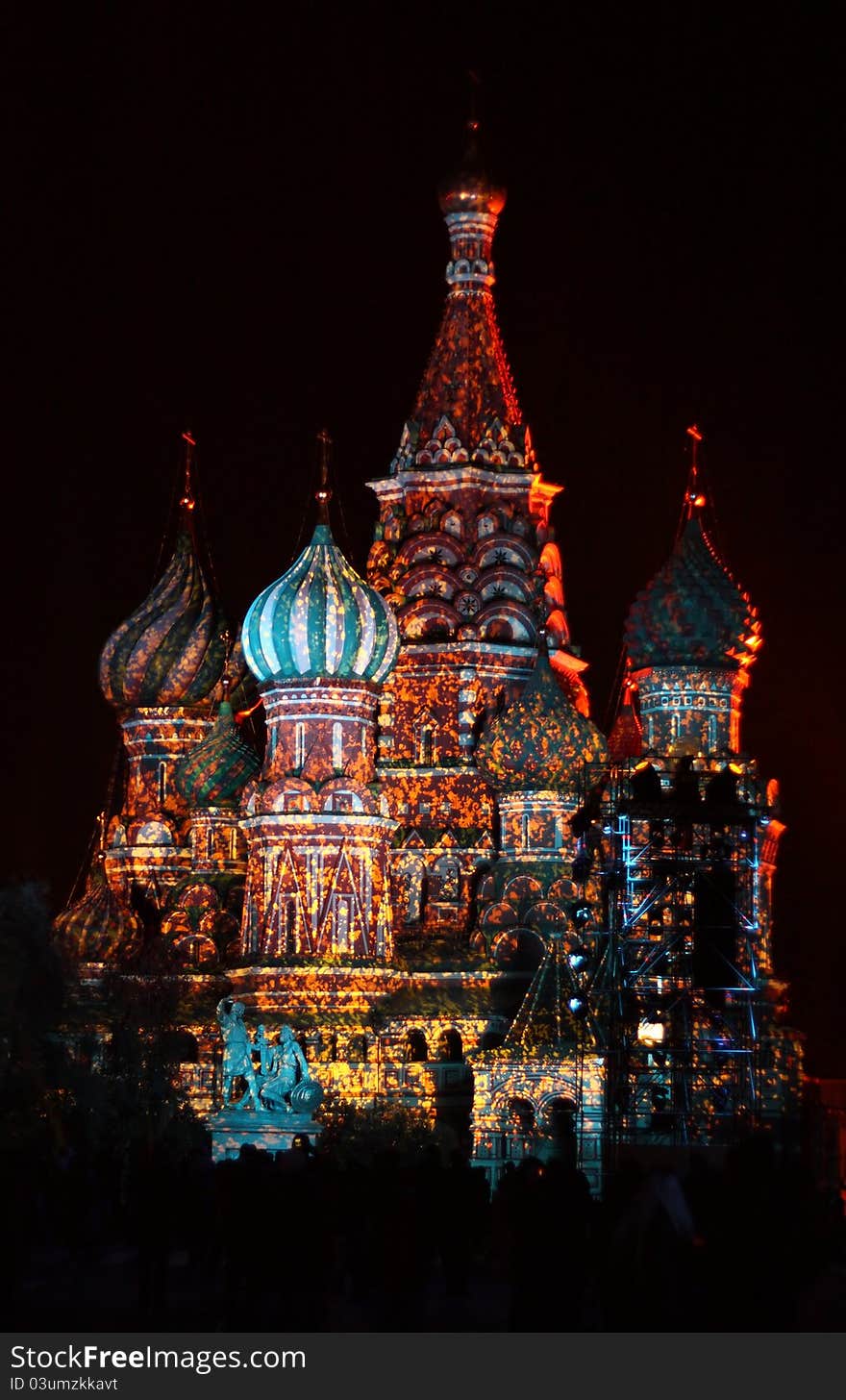 Illuminated St. Basil Cathedral at night (Red square, Moscow, Russia)