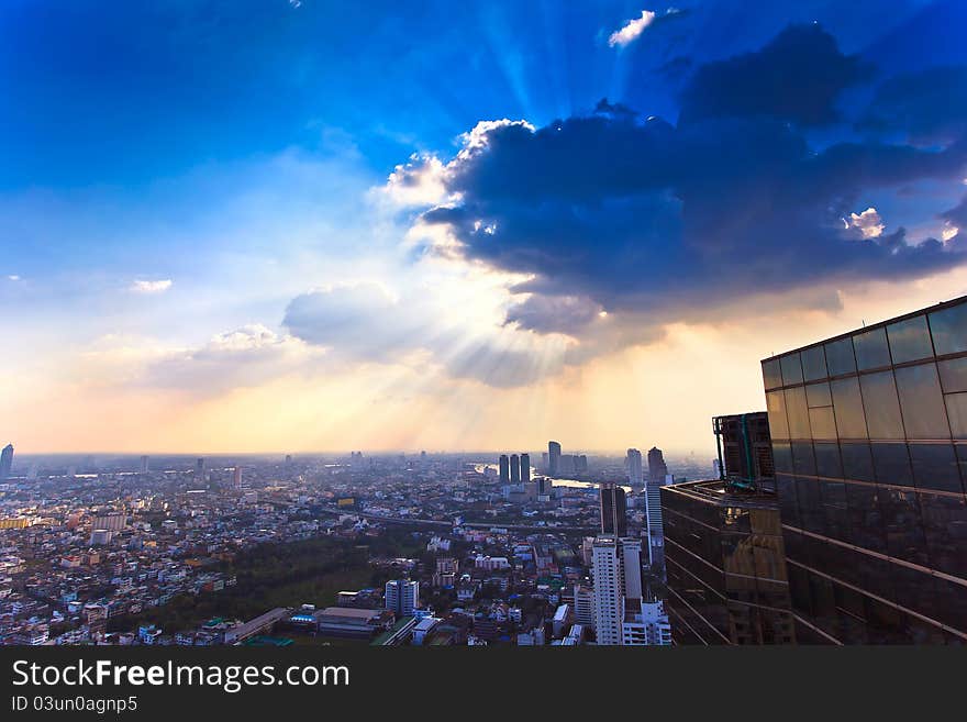 Top view building and reflection at sunset time