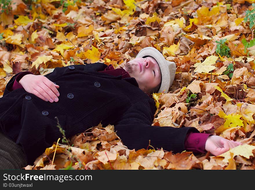 Handsome man lying in autumn leaves