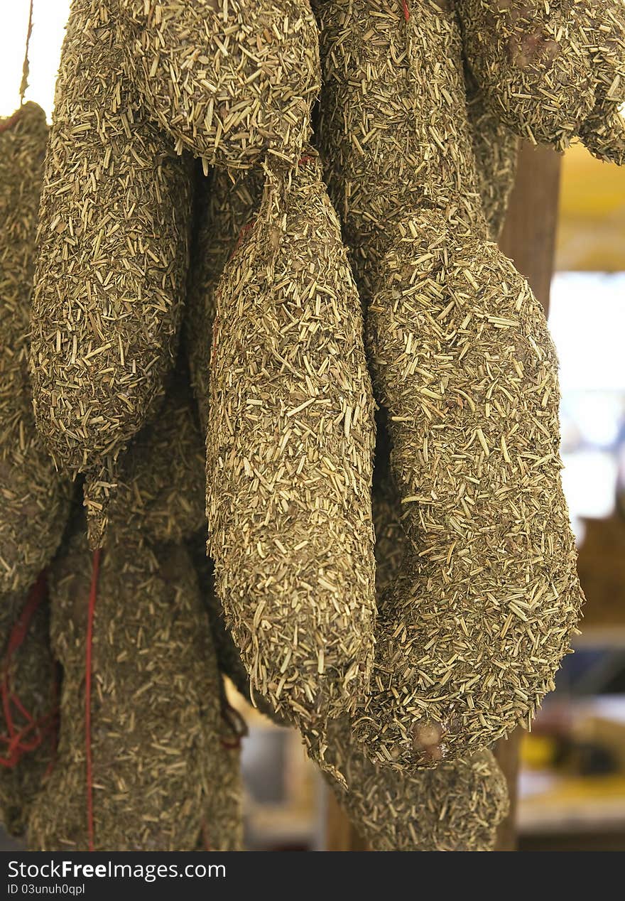 Pile of smoked meat in a market