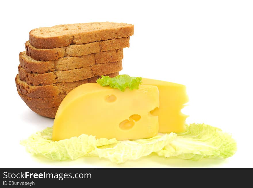 Fresh bread and cheese ,  on a white background. Fresh bread and cheese ,  on a white background