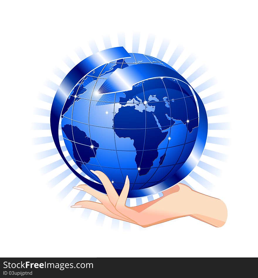 A Woman's Hand Holding a Symbolic Blue Globe. A Woman's Hand Holding a Symbolic Blue Globe.