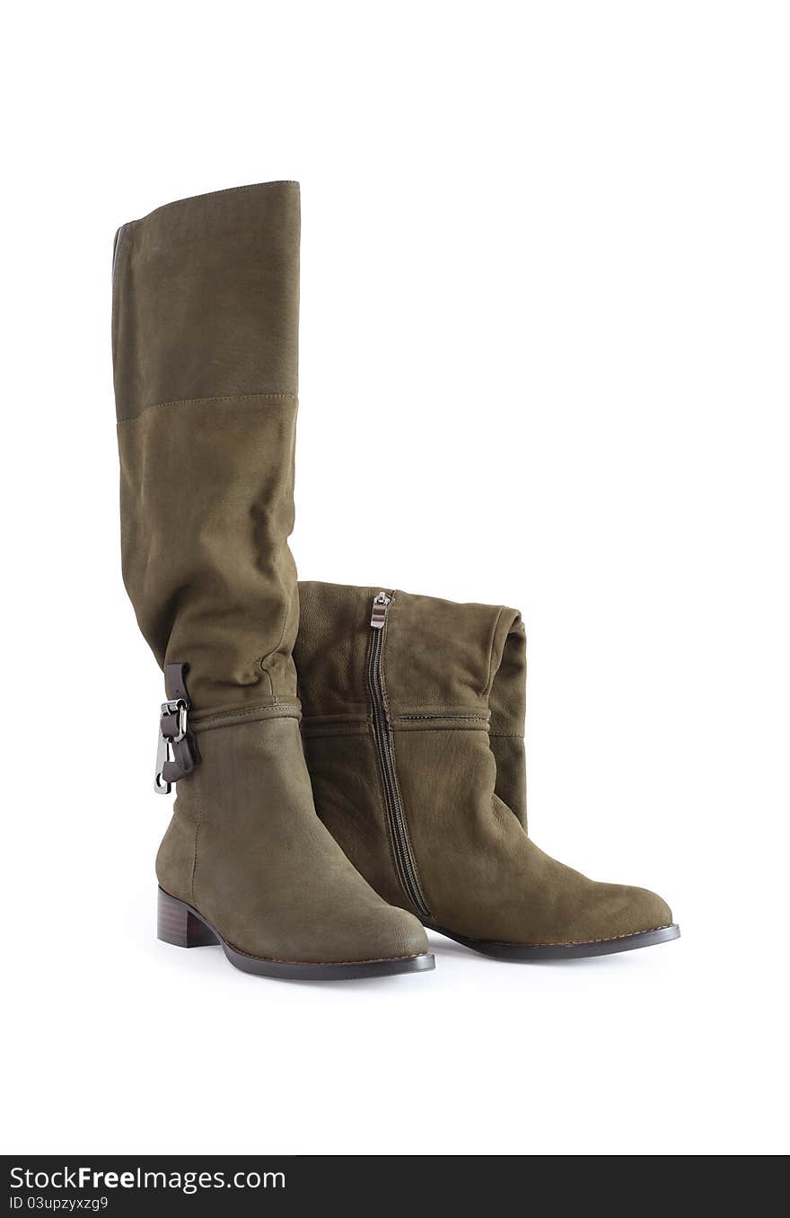 Nice new female olive green high boots. Isolated on white with clipping path. Nice new female olive green high boots. Isolated on white with clipping path