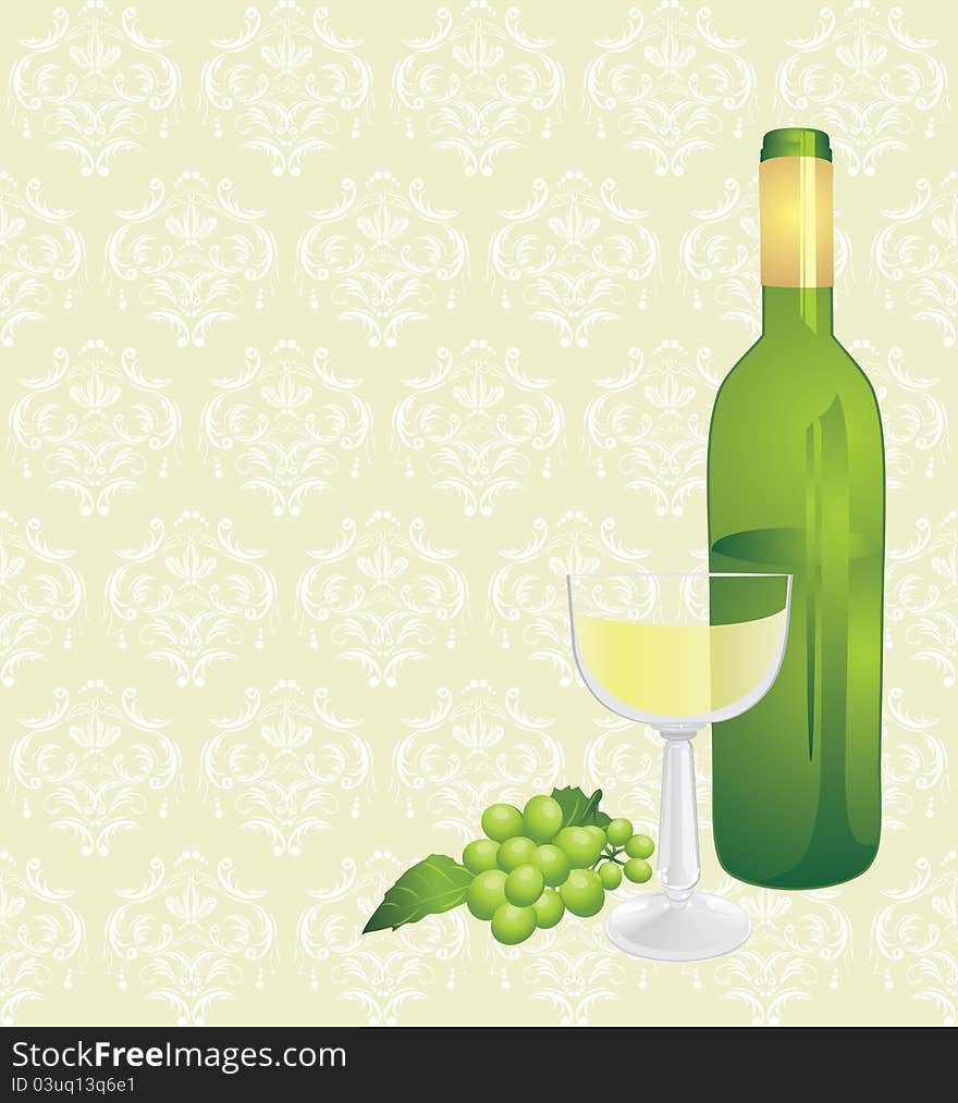 Wine bottle, glass and green grape