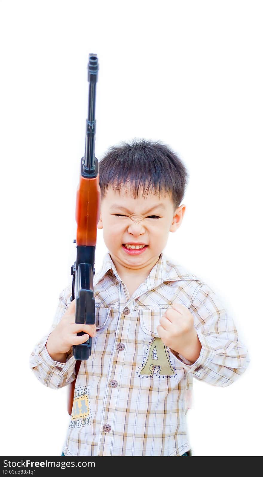 Angry asian boy with gun on white background