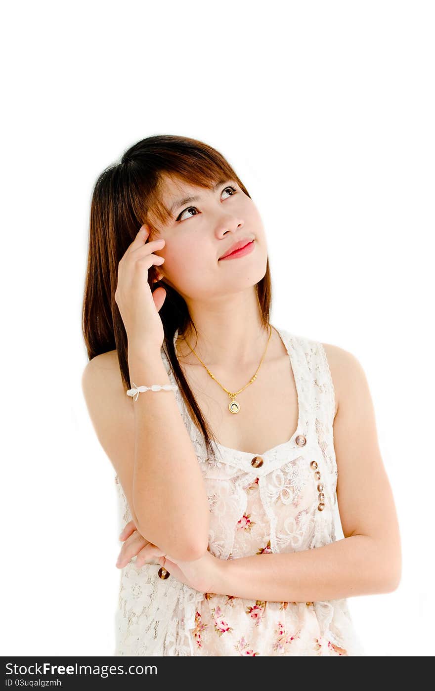 Cute girl thinking about something on white background