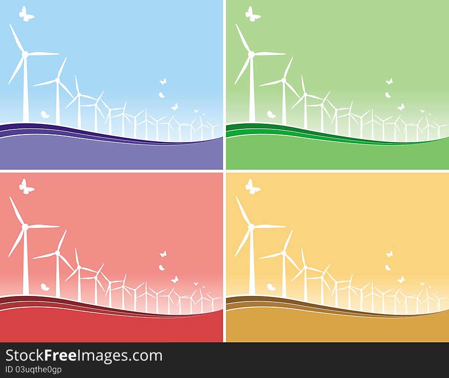 This image represents a set of 4 environmental cards with windmills and butterflies