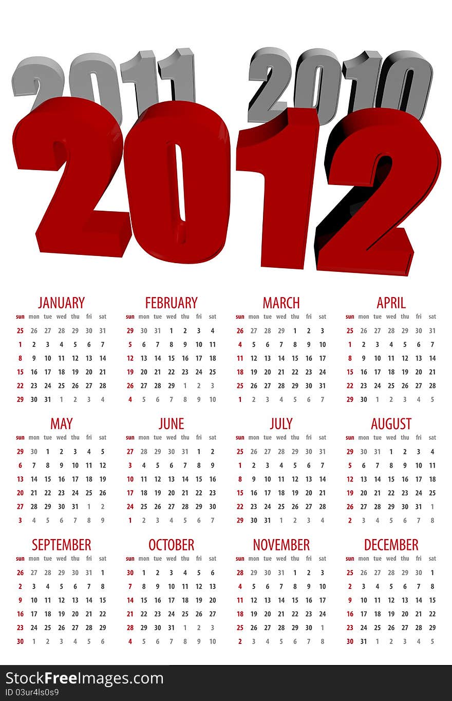 This is a calendar for 2012 on a white background. Starts Sunday