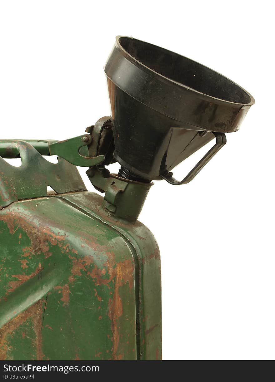 Old rusty gasoline jerry can with lid open and a funnel isolated on white background