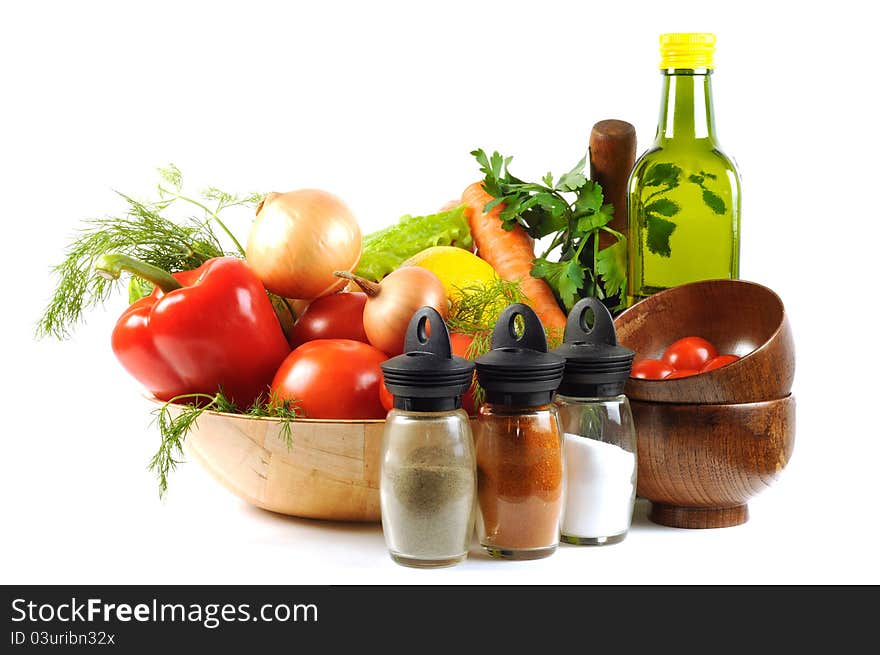 Vegetables and different spice, on a white background. Vegetables and different spice, on a white background