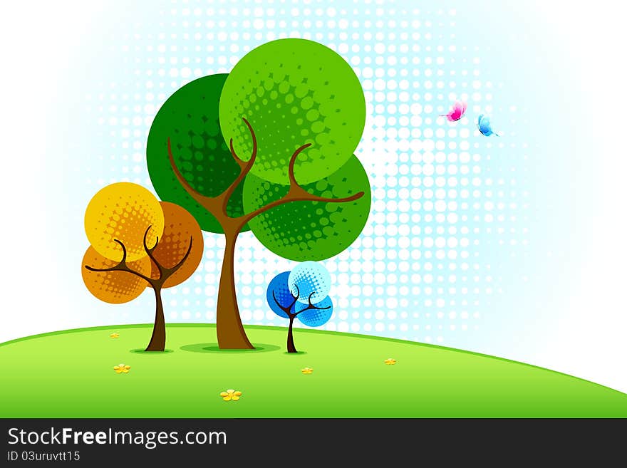 Illustration of tree in landscape in halftone style. Illustration of tree in landscape in halftone style