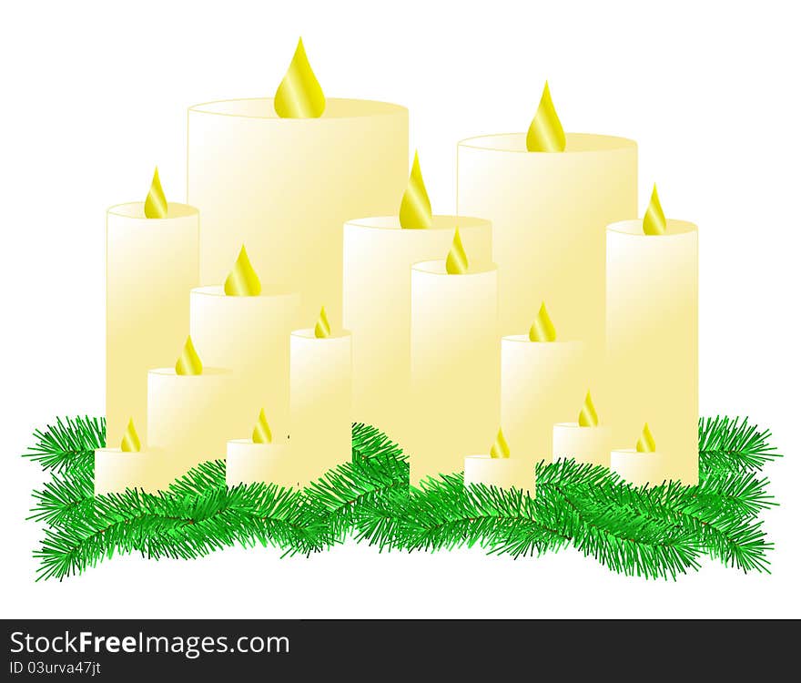 An illustration of multiple lit candles on a bed of pine boughs.