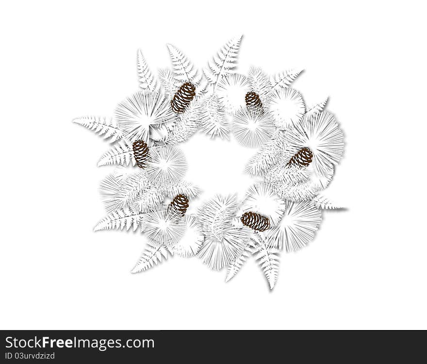 An illustration of a white winter wreath of pinecones, ferns, and evergreen boughs.