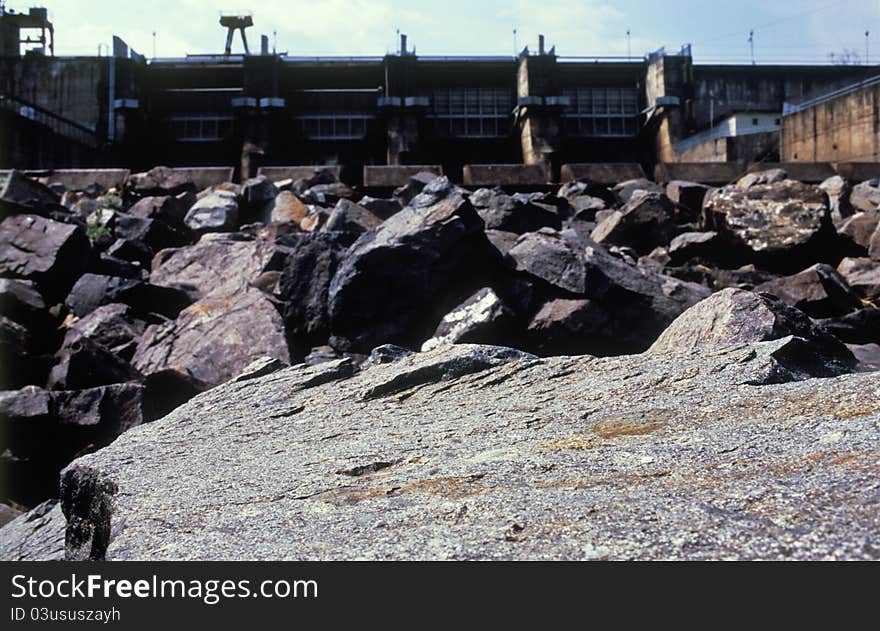 Water Dam And Dried Rocks