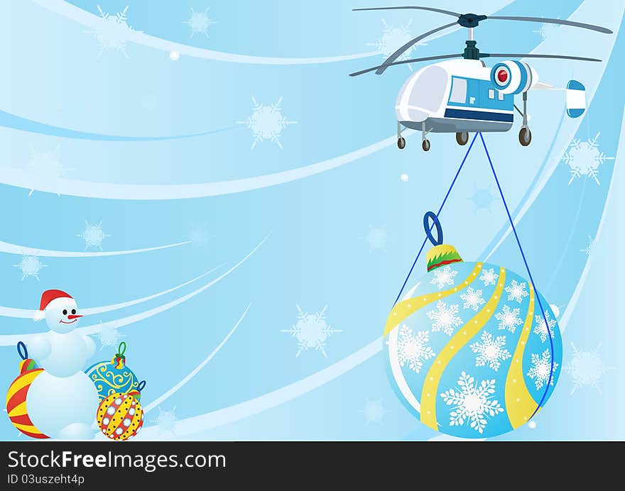 A helicopter with Christmas toys and Christmas decorations snowman near the abstract blue background with snowflakes falling. A helicopter with Christmas toys and Christmas decorations snowman near the abstract blue background with snowflakes falling.